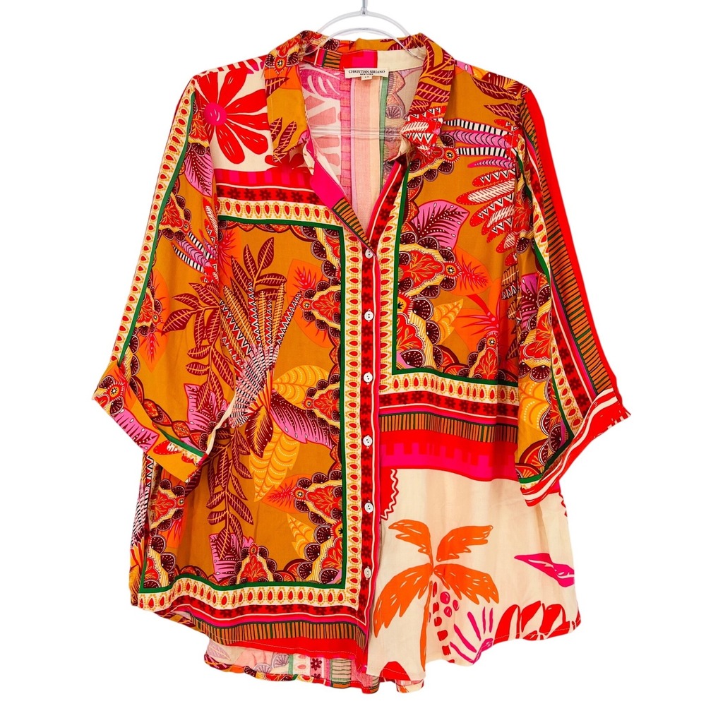Christian Siriano Button Down Women 1X Orange Tropical Patchwork Resort Boho